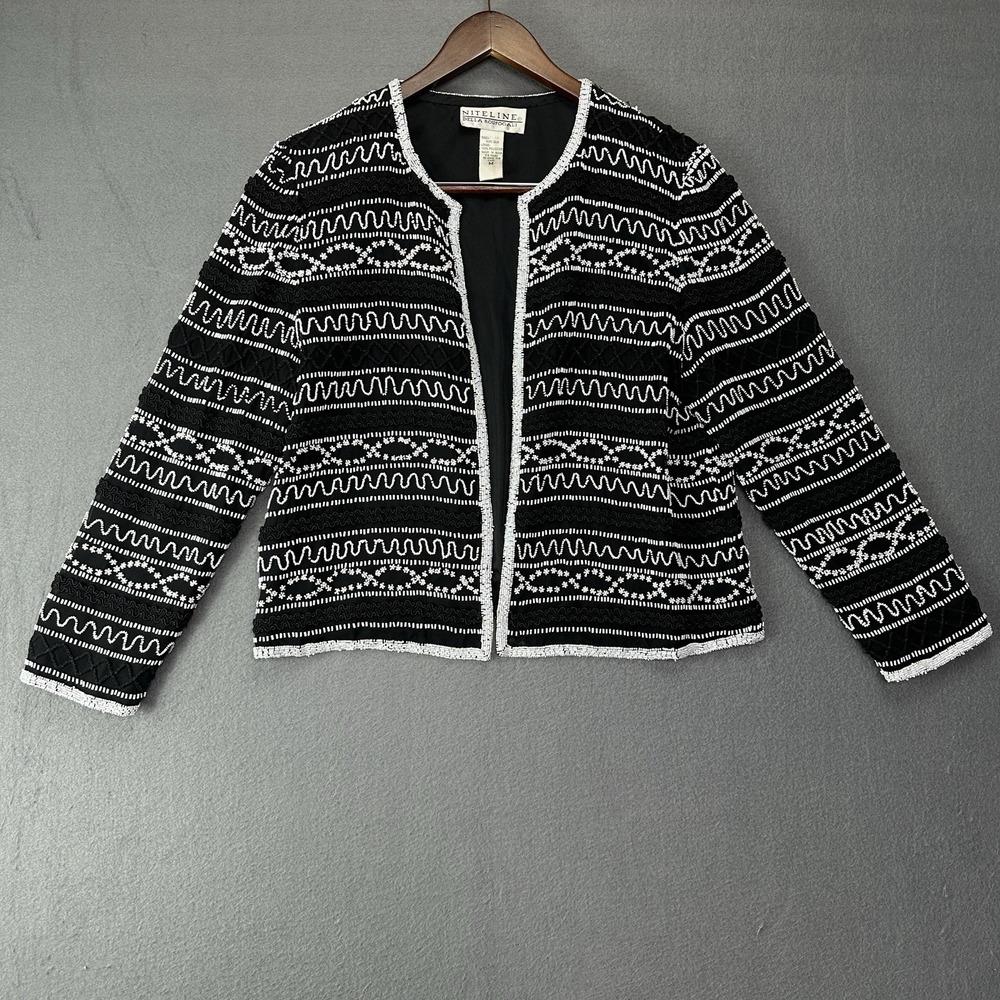Della Roufogali Niteline Vintage Heavily Beaded Jacket Med Black White 100% Silk